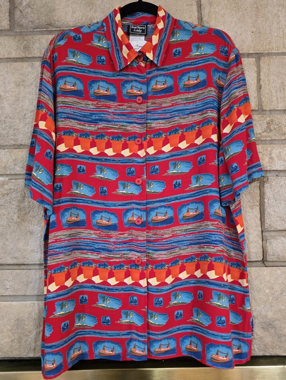 NWT Vintage Southern Lady Nautical Sailboat Shirt L Red Rayon Novelty Coastal